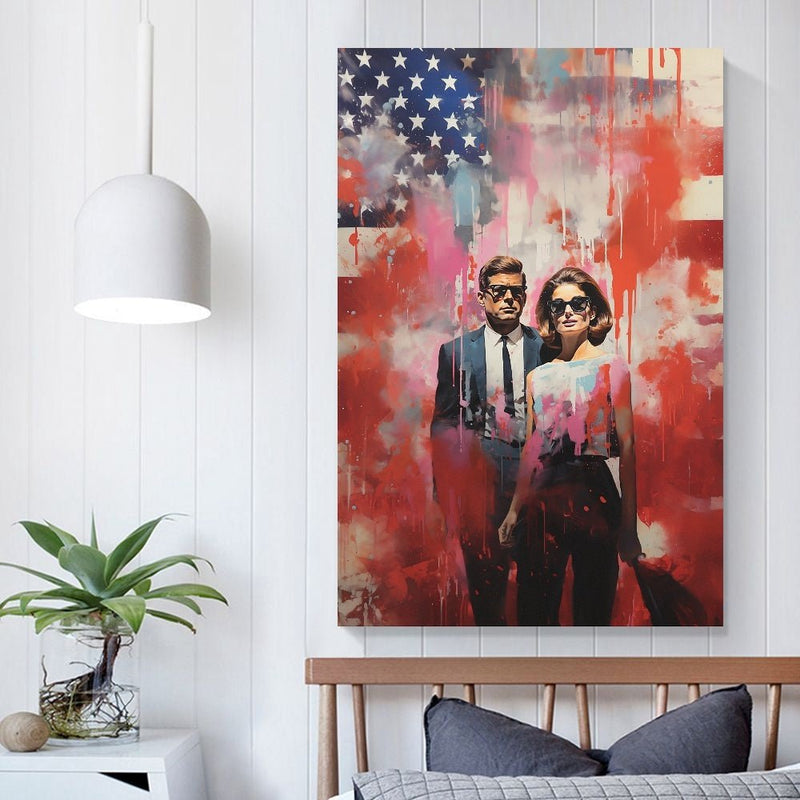 JFK and Jackie Kennedy / American Flag/ Street Art/ 20 X 30 Canvas Print - Frameless - Château Wanton